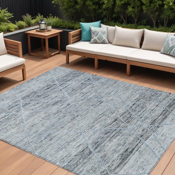 Homeroots 8' X 10' Blue And Gray Trellis Washable Indoor Outdoor Area Rug 616487 - main
