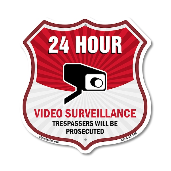Signmission 24 Hour Surveillance Shield Sign Video S, 12 Inch X 12 Inch, Aluminum Metal Sign SHI-A-12-348 - main