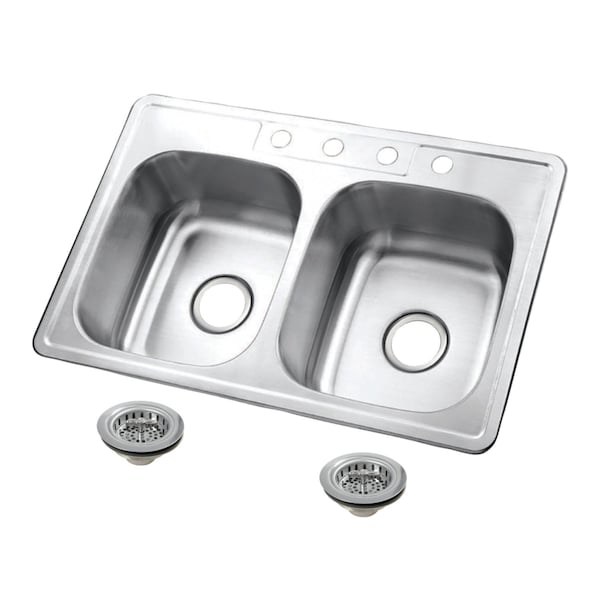 Kingston Brass 33-Inch Stainless Steel Self-Rimming Double Bowl Drop-In Kitchen Sink, 4-Hole with Strainer KGKTD332261 - main