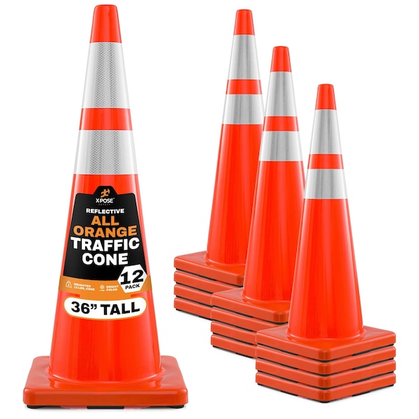 Xpose Safety 36 Inch Orange Traffic Cones Heavy Duty 12lb with 6in and 4in Collars, DOT Approved, 12PK AOTC36-64-12L-12-X - main