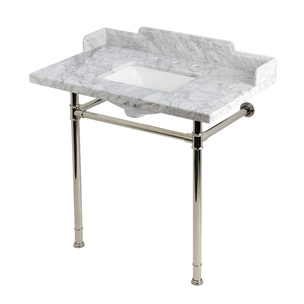 Kingston Brass 36-Inch Carrara Marble Console Sink with Stainless Steel Legs, 8-Inch, 3-Hole KMS36227M38SQ6 - main