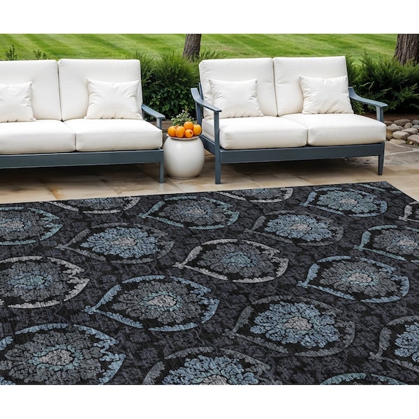Homeroots 9' X 12' Blue Charcoal And Gray Medallion Washable Indoor Outdoor Area Rug 587702 - main