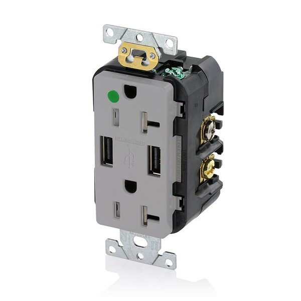 Leviton USB Charger/Duplex Tamper-Resistant Receptacle, Hospital Grade, 3.6/20 Amp, 125 Volt, Gray T5832-HGG - main