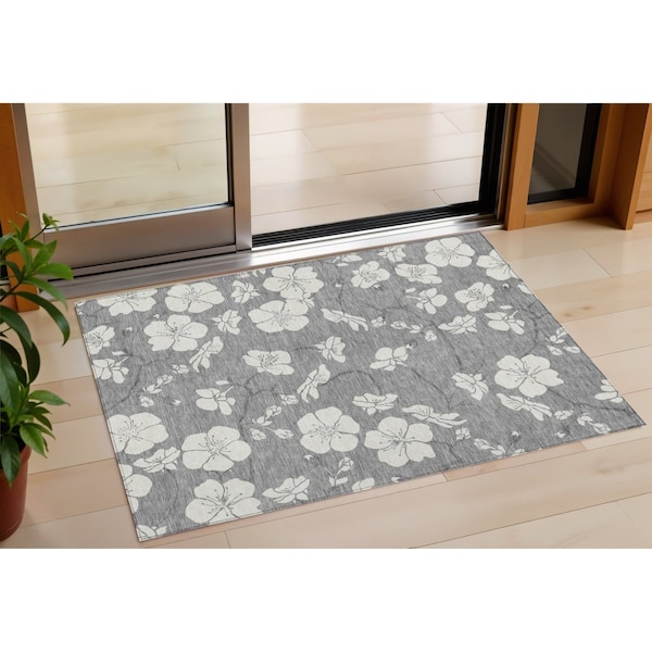 Homeroots 3' X 5' Gray And Ivory Floral Washable Indoor Outdoor Area Rug 599886 - main