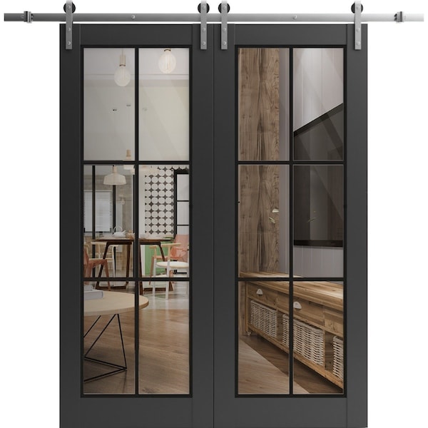 Sartodoors Sturdy Double Barn Door with Clear Glass, Lucia 2366 Matte Black and Aluminum Strips, 13FT Rail Ha LUCIA2366DB-S-BLK-64 x 80 (2* 32x80) - main