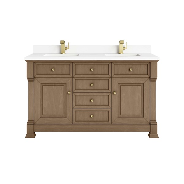 James Martin Vanities Brookfield 60 in. Double Vanity, Pecan w/ Single Hole 3CM White Zeus Silestone Top & Backsplash 547-V60D-PCN-1WZ - main
