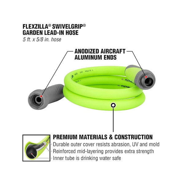 Flexzilla Swivelgrip Garden Lead-In Hose, 5/8 In. X 5', 3/4 In. - 11 1/2 Ght Fittings, 1EA HFZG505YWS - main