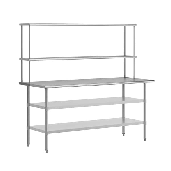 Flash Furniture Reader Work Table, 18 Gauge Stainless Steel Top Shelf and Double Overshelves and 2 Undershelves NH-WT-GU-3072-OSH-GG - main