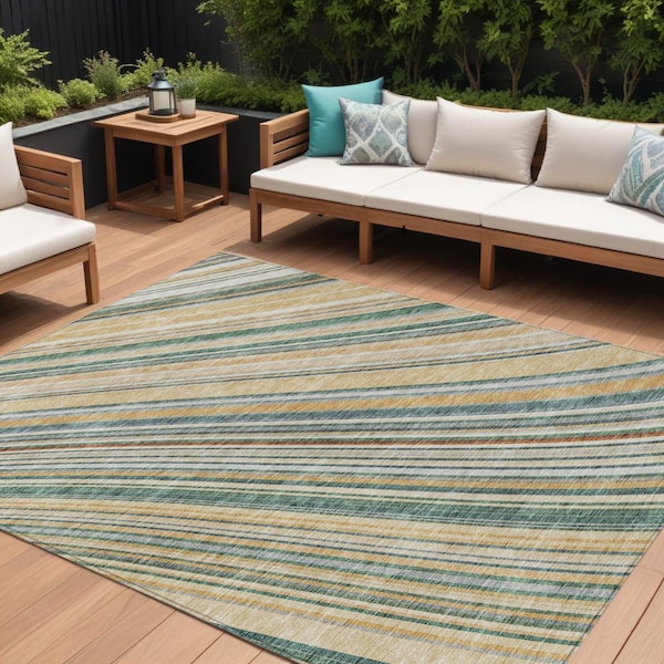 Homeroots 9' X 12' Beige Gold And Sage Striped Washable Indoor Outdoor Area Rug 614957 - main