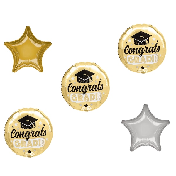 Loonballoon Graduation Grad Theme Balloon Set, 3x pcs Standard Congrats Grad Shiny Gold Balloon, Star Foil 87261 - main