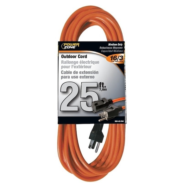 Powerzone SJTW Extension Cord, 16 AWG, Outdoor, 16/3, 1 Outlets, 5-15R, Orange, 5-15P, 25 ft EC501625 - main