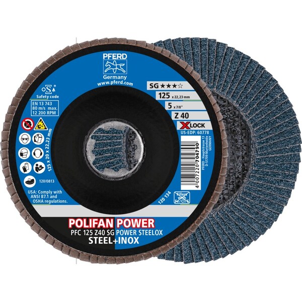 Pferd 5'' X-LOCK POLIFAN Flap Disc - Z SG POWER STEELOX, Zirconia, 40 Grit, Conical 60778 - main