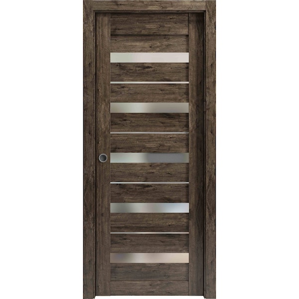 Sartodoors Sliding French Pocket Door 32 x 80in, Cognac Oak W/ Frosted Glass, Kit Trims Rail Hardware QUADRO4445PD-AKA-32 - main