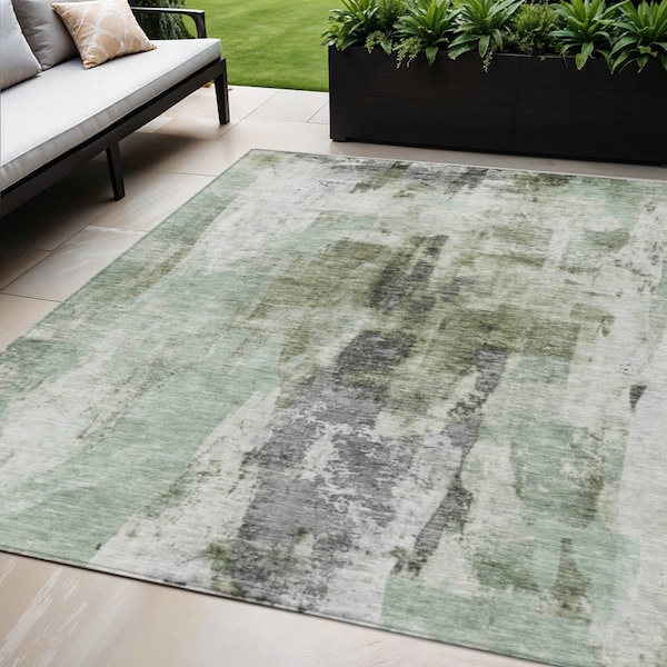 Homeroots 5' X 8' Mint Green Ivory And Gray Abstract Washable Indoor Outdoor Area Rug 603144 - main