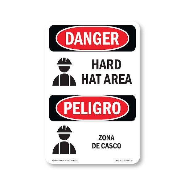 Signmission OSHA Danger Sign, Hard Hat Area Bilingual, 24in X 18in Aluminum, OS-DS-A-1824-VPR-1292 OS-DS-A-1824-VPR-1292 - main