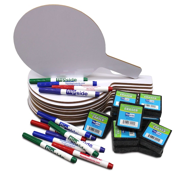 Flipside Oval Dry Erase Answer Paddle + Colored Markers + Student Eraser - Class Pack of 12 Sets 19232 - main