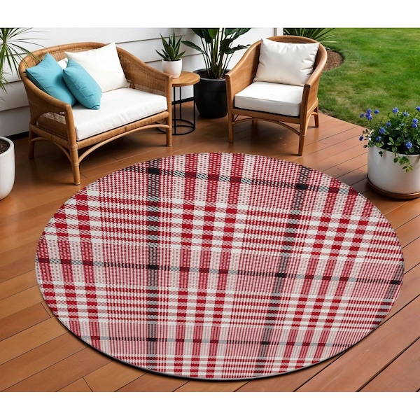 Homeroots 8' Red Black And Ivory Round Plaid Washable Indoor Outdoor Area Rug 601514 - main