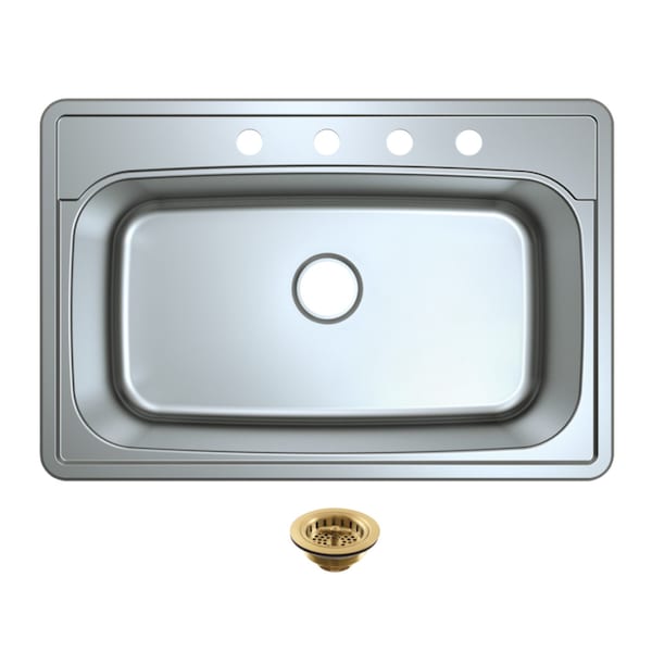 Kingston Brass 33-Inch Stainless Steel Self-Rimming Single Bowl Drop-In Kitchen Sink, 4-Hole with Strainer KGKTS3322907 - main