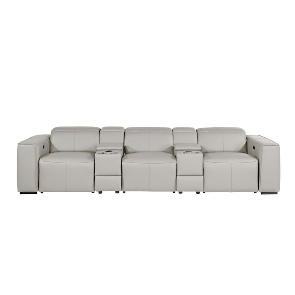 Homeroots 130" Light Gray Top Grain Leather Reclining Metal USB Sofa 720397 - main