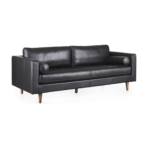 Homeroots 88" Black Leather Sofa And Toss Pillows With Brown Legs 607326 - main