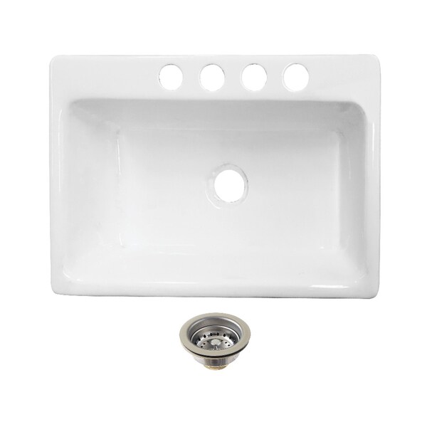 Kingston Brass 33" Cast Iron Single Bowl Undermount Kitchen Sink, 4-Hole with Strainer, White/Polished Chrome KGCKUS332291 - main