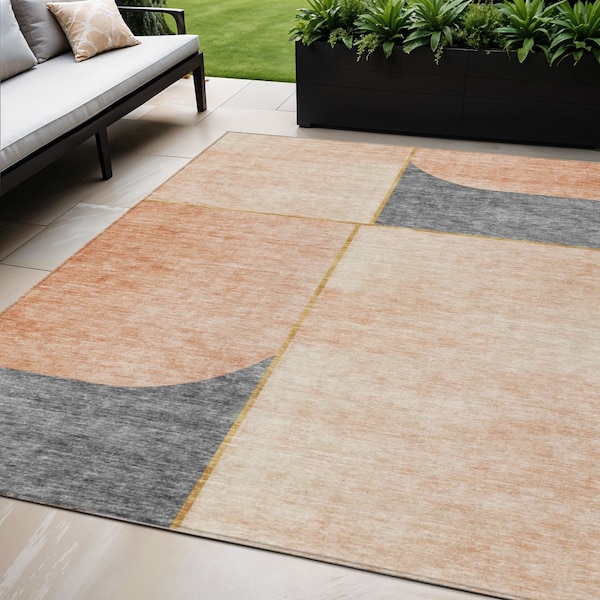 Homeroots 5' X 8' Coral Peach And Gray Abstract Washable Indoor Outdoor Area Rug 582897 - main
