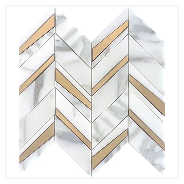 Apollo Tile 12x12 Polished Calacatta Gray with Gold Marble, Brass Mosaic Chevron Wall Tile 5 sq ft/case, 5PK APLTSC88CV11A - main