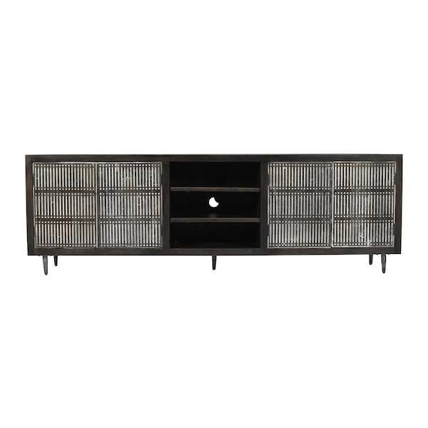 Homeroots 92in Dark Brown Carved Geometric Distressed Solid Wood Enclosed and Open Storage TV Stand 489507 - main