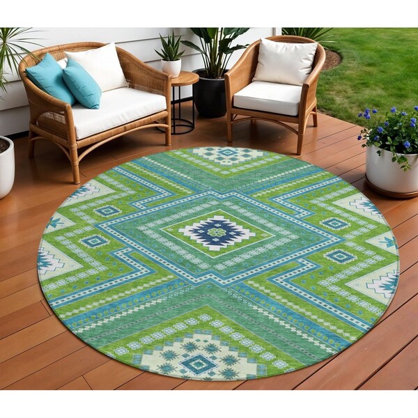 Homeroots 8' Lime Green Aqua And Ivory Round Tribal Washable Indoor Outdoor Area Rug 598132 - main