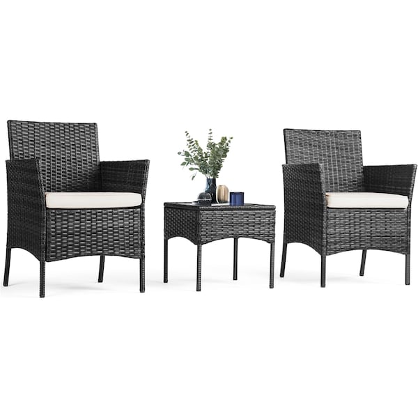 Yssoa Patio Furniture Set 3 Pieces Outdoor Rattan Wicker Chairs with Soft Cushion and Glass Coffee 3A88FNSOFASET3RATTANBLK - main