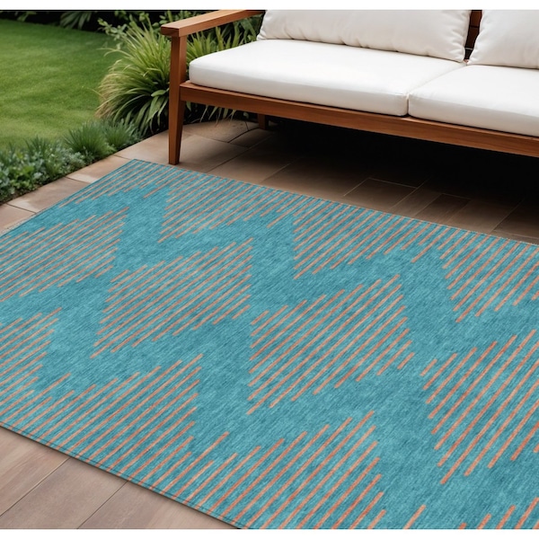 Homeroots 9' X 12' Teal Blue And Pink Geometric Washable Indoor Outdoor Area Rug 598792 - main