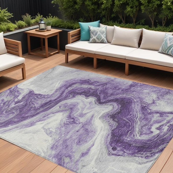 Homeroots 9' X 12' Purple And Silver Abstract Washable Indoor Outdoor Area Rug 618344 - main