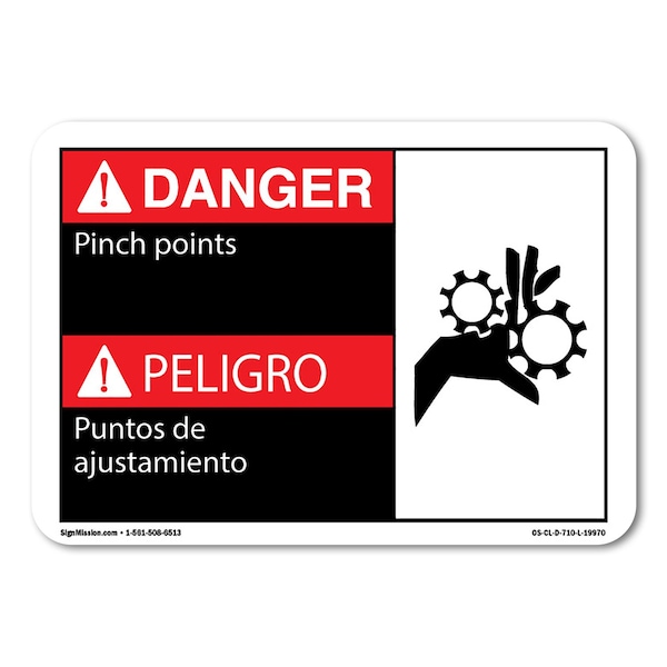 Signmission OSHA Danger, 14" Height, Rigid Plastic, 14" x 10", Landscape, Pinch Points (Bilingual Spanish) OS-CL-P-1014-L-19970 - main