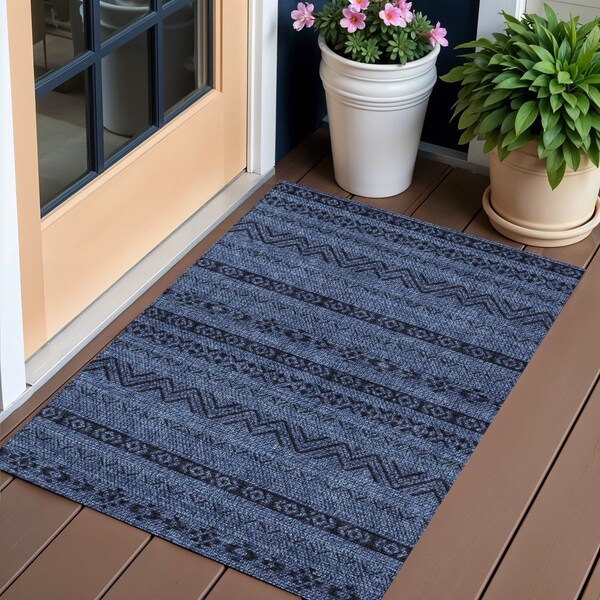 Homeroots 3' X 5' Navy Blue And Black Southwestern Washable Indoor Outdoor Area Rug 587548 - main