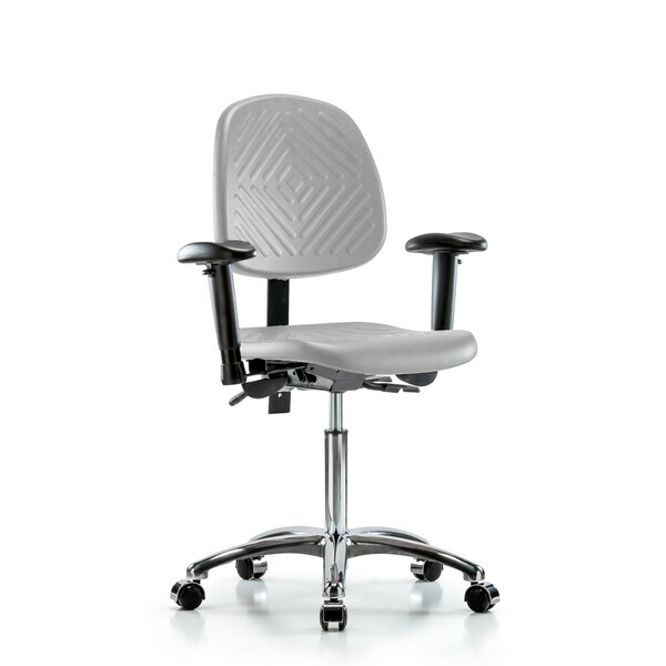 Blue Ridge Ergonomics Poly Chair Chrome-Med Bench Ht with Med Back, Seat Tilt, Adjustable Arms, & Casters in Gray Poly PMBCH-MB-CR-T1-A1-NF-CC-GRY - main