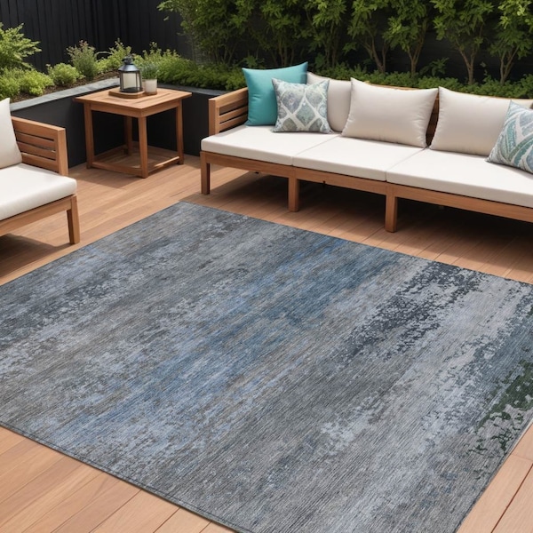 Homeroots 9' X 12' Pewter Navy Blue And Charcoal Abstract Washable Indoor Outdoor Area Rug 630847 - main