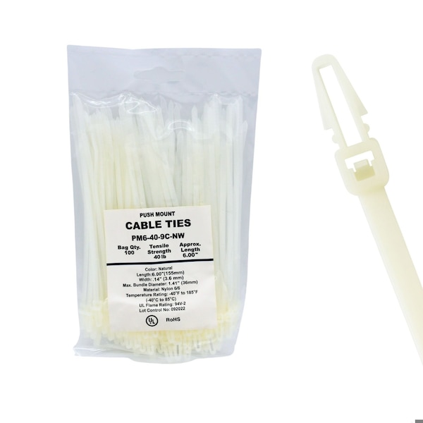 Cable Ties Unlimited Push Mount Cable Tie, No Wings, 6 in L, 40 lb Strength, 1.4 in Max Bundle Dia, Nylon, Natural, 100PK PM6-40-9C-NW - main