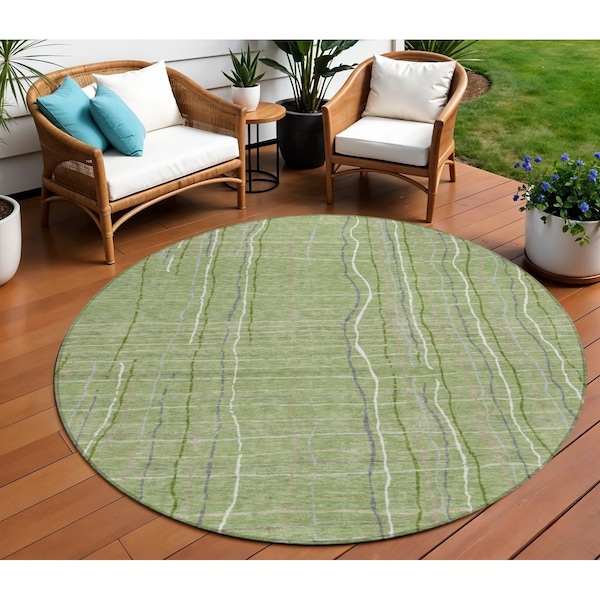 Homeroots 8' Green Ivory And Gray Round Striped Washable Indoor Outdoor Area Rug 597381 - main