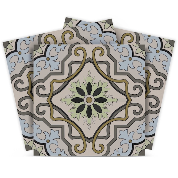 Homeroots 8" X 8" Taupe and Blue Scroll Peel and Stick Tiles 400049 - main