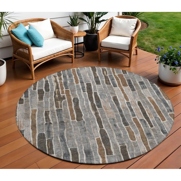 Homeroots 8' Pewter And Brown Round Striped Washable Indoor Outdoor Area Rug 608966 - main