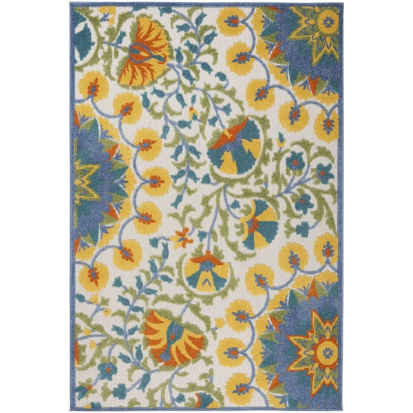 Homeroots 5' X 8' Ivory Blue Yellow And Orange Floral Indoor Outdoor Area Rug 546816 - main