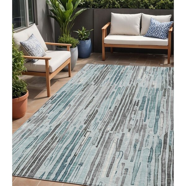 Homeroots 5' X 8' Teal Blue And Gray Striped Washable Indoor Outdoor Area Rug 617699 - main