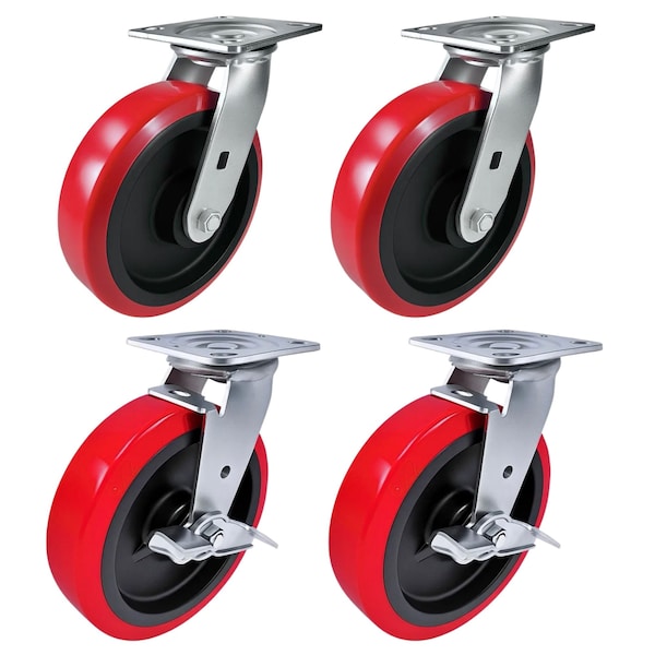 Hyw Products Heavy Duty Caster Set 8in Polyurethane on Plastic Wheels, 2 Swivel & 2 Swivel with Brake, 4PK 40-80S-A1-PU-2,40-80S-A1-PU-TB-2 - main