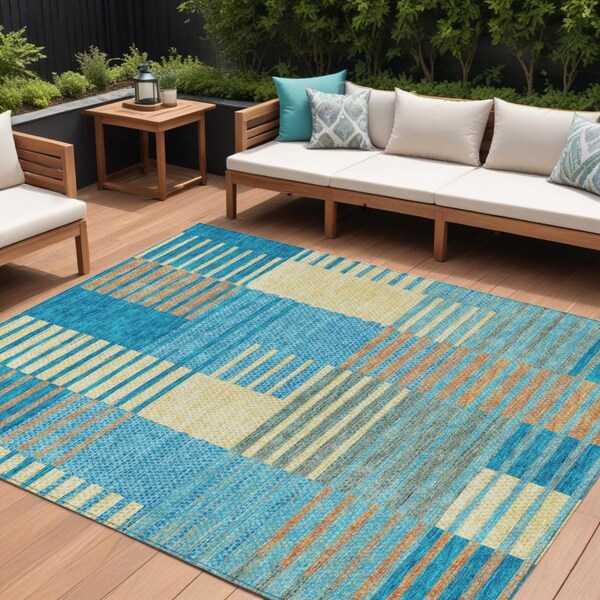 Homeroots 8' X 10' Teal Blue Orange And Sky Blue Striped Washable Indoor Outdoor Area Rug 613178 - main