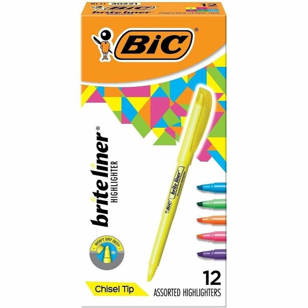 Bic Brite Liner Highlighter, Chisel Tip, Assorted Fluorescent Ink, 12/Box BL11AST - main