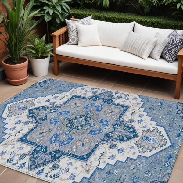Homeroots 10' X 14' Blue Gray And Ivory Oriental Washable Indoor Outdoor Area Rug 600149 - main