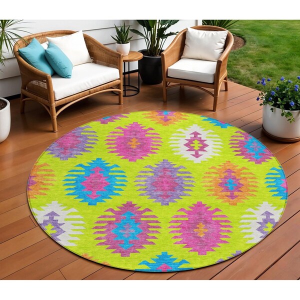 Homeroots 8' Lime Green Pink And Purple Round Southwestern Washable Indoor Outdoor Area Rug 615148 - main