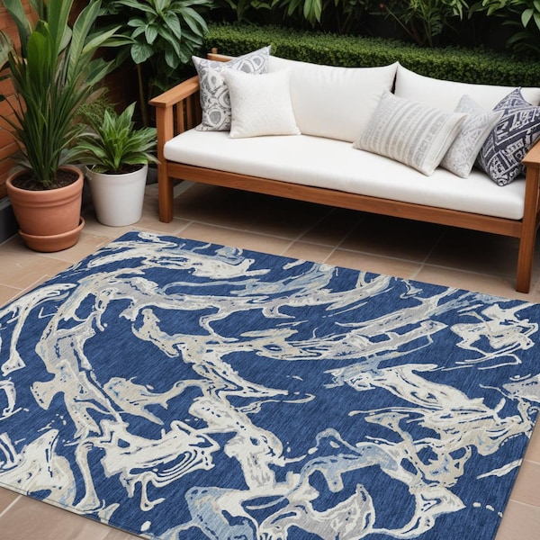 Homeroots 8' X 10' Navy Blue Gray And Ivory Abstract Washable Indoor Outdoor Area Rug 600111 - main