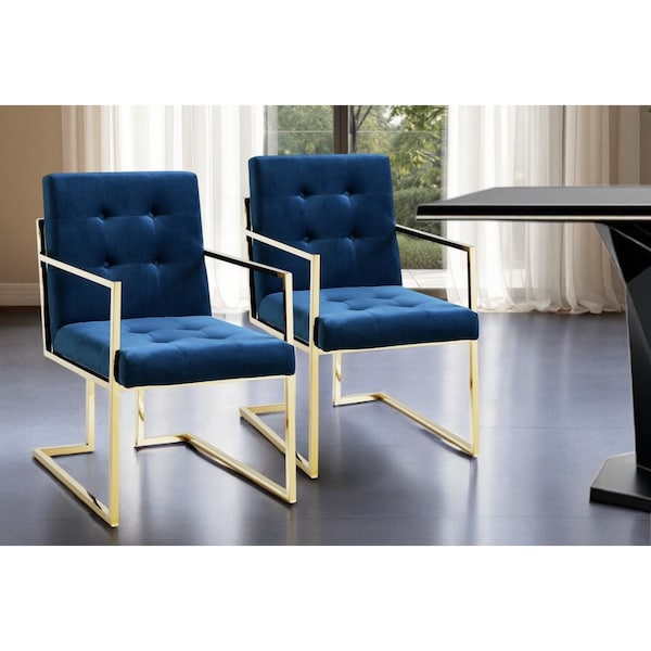 Homeroots Set of Two Tufted Navy Blue and Gold Upholstered Velvet Dining Arm Chairs 543520 - main