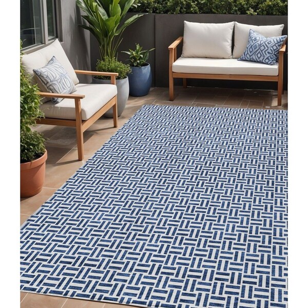 Homeroots 5' X 8' Navy Blue And Gray Geometric Washable Indoor Outdoor Area Rug 594486 - main